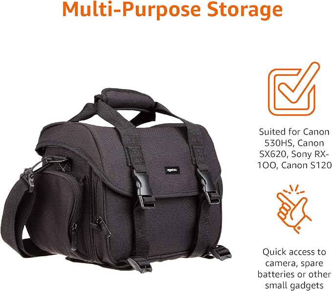Amazon Basics Large DSLR Gadget Bag for Camera Storage with Shoulder Strap, Black with Grey Interior