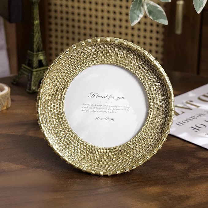 Cuspin 4x4 Picture Frame Vintage Gold Frames, Round Rattan Textured Hand-Crafted Circle Frame with Glass Front, Retro Photo Frame for Tabletop Display & Wall Hanging, Home Decor