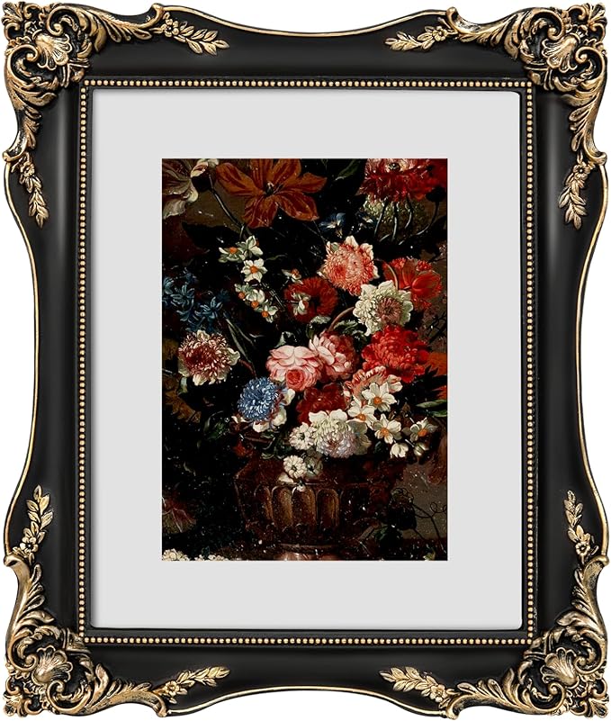 8x10 Black Vintage Picture Frame with Mat for 5x7 or 8 x 10 Photos, Ornate Baroque Gothic Victorian Frames, Tabletop or Wall Display, Antique Home Decor Accent