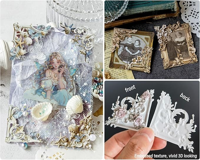 120Pcs Vintage Photo Frame Corners Decorative Paper, Embossed Cardstock Cutouts, Picture Border Frames for Scarpbooking Card Making Junk Journaling Collage Craft Embellishment Album Decor Non-Sticky