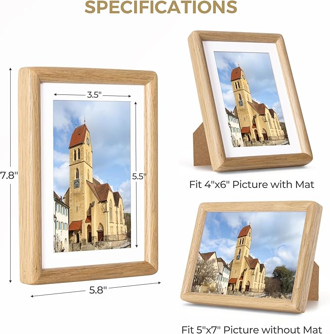 Dreamland 5x7 Matted to 4x6 Picture Frame Natural Wood Picture Frames Solid Oak Wood Picture Frame Handcrafted Rounded Corner with HD Tempered Glass Tabletop or Wall Mount Display, 1 Pack