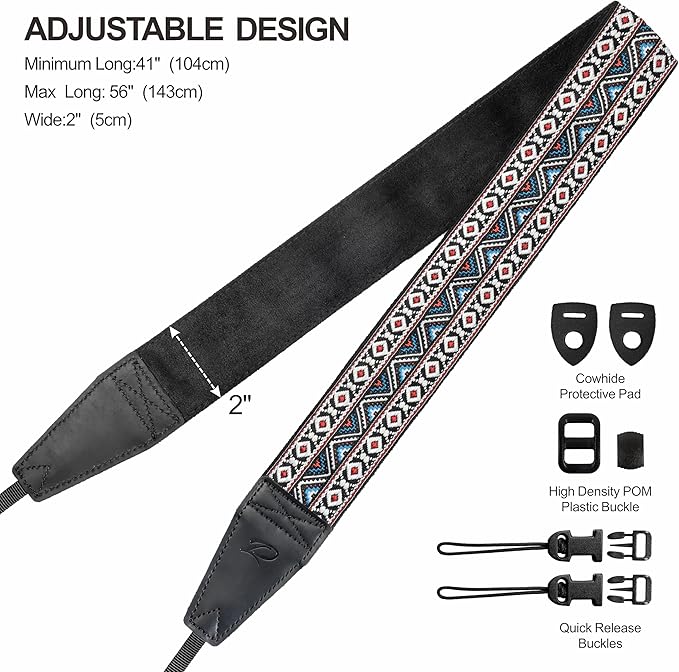 Padwa Lifestyle Boho White Camera Strap - 2" Full Grain Leather Ends Camera Straps for Photographers, Vintage Embroidered Cotton Weave Soft Suede Fabric Padded Strap Quick Release fits All Cameras