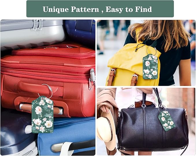 (Set of 2) Luggage Tag Leather Privacy Cover ID Label Address Card with Stainless Steel Loop, Travel Bag Tags Suitcase Labels, Alpine Green