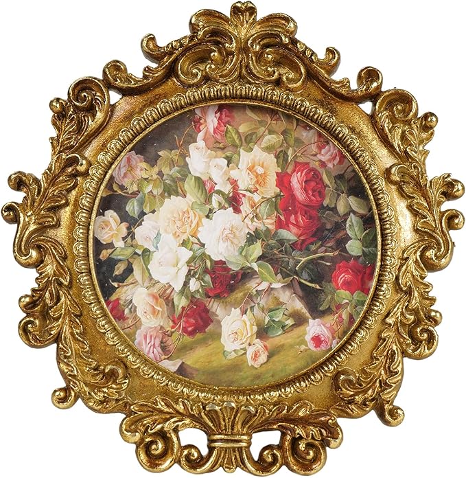 Cuspin Vintage Round Gold Picture Frame 4x4 Inch, Ornate Floral Resin Photo Frame with HD Glass, Antique Style Small Picture Frame for Tabletop or Wall Display, Retro Decorative Frame for Home Decor
