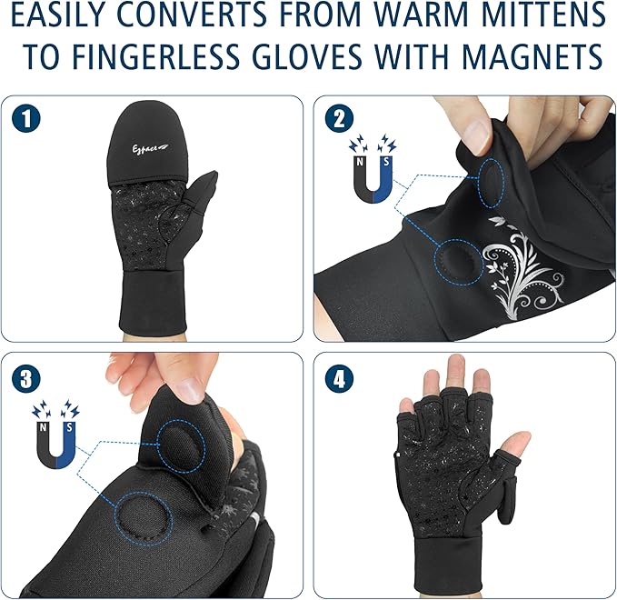 EZPACE Convertible Running Mittens for Women Cold Weather Fingerless Gloves Warm for Winter