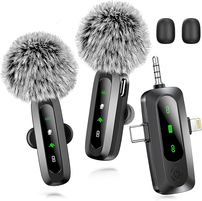 3 in 1 Mini Microphone for iPhone, Android, Camera, LED Display Wireless Lavalier Microphone for Video Recording, Clip on Lapel Lav Mics with Noise Reduction for Interview Vlog YouTube TikTok