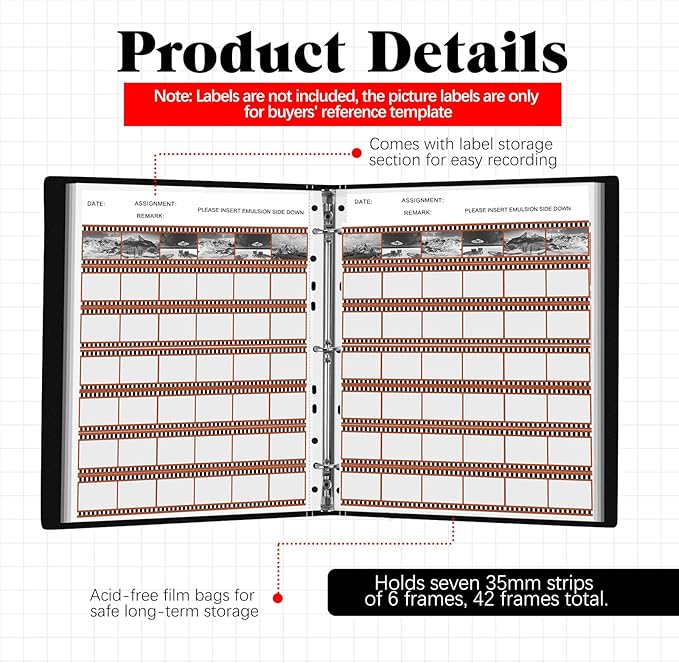 35mm Film Negative Storage Kit 50 Pcs Negative Page Preservers Acid Free Protector 3 Ring Sleeves Binder for 135 Sleeves and 120 Film Storage