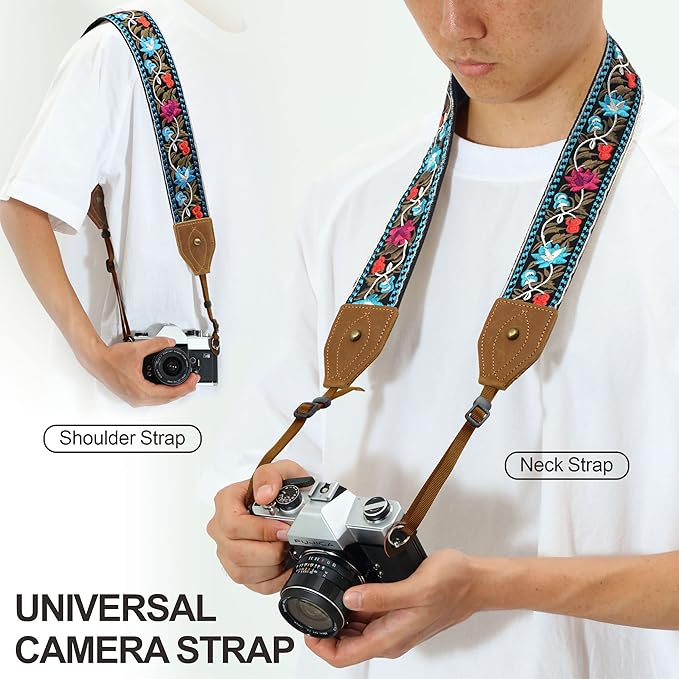Padwa Lifestyle Camera Strap - 2" Wide Classic Vintage Crazy Horse Arts Cowhide Head Cotton Embroidered Universal Neck Shoulder & Crossbody Camera Straps for Photographers Gift and All DSLR Cameras