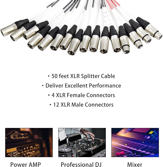 PRORECK 12-Channel Low Profile XLR Send Circuit Board Snake Cables, XLR Splitter Cable for Live, Recording, Stage, Studio, 50 Feet Long (PR-12 * 4 * 50)