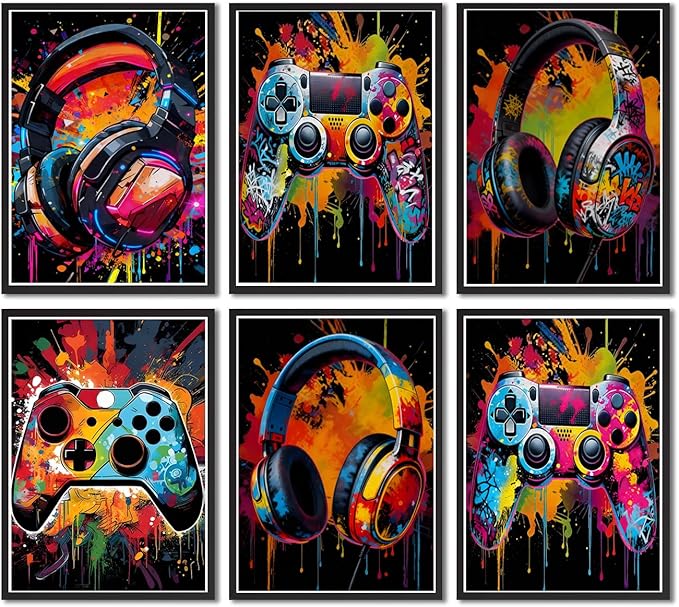 Zhfmoir Gaming Posters Wall Art Set of 6, Colorful Game Controller Prints Video Game Wall Decor for Boys Teens Gamer Room Bedroom Playroom Decorations 8x10 Inch Unframed
