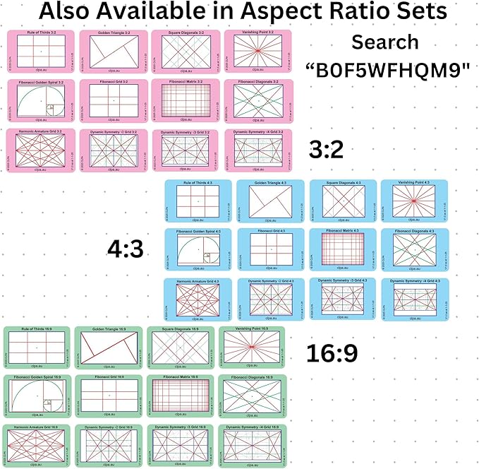 CLPA Dynamic Symmetry Root 3 Directors and Artists Camera and Drawing Viewfinder: Credit Card-Sized Composition Grids for Video, Photography & Art - Set of 3 View Finders in 4:3, 3:2, & 16:9.