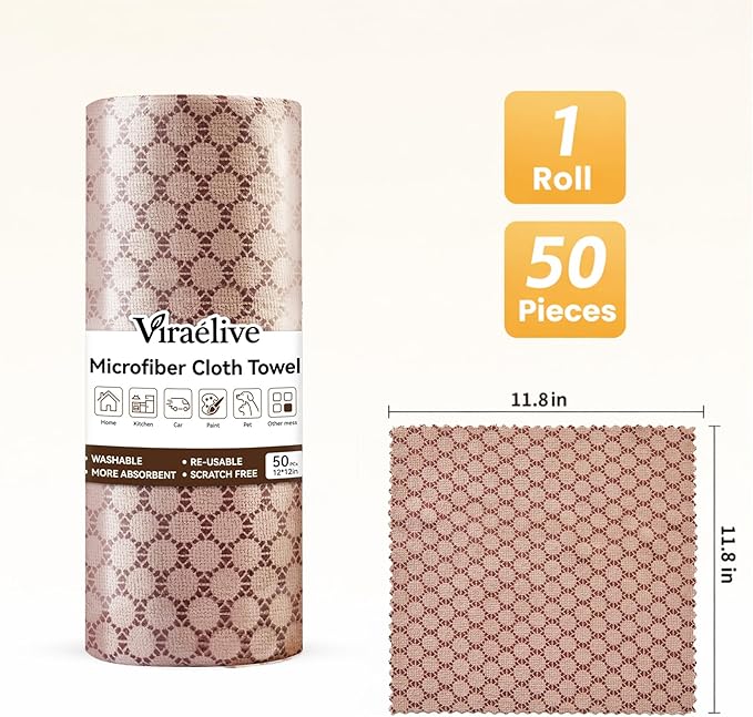 Microfiber Cleaning Cloth Roll, 50-Count, Reusable, Durable, Absorbent, Lint-Free Non-Scratch Towels, Dish Rags for Kitchen, Home, Window & Screens, Paper Towel Alternative, Brown Dot, 12x12 in