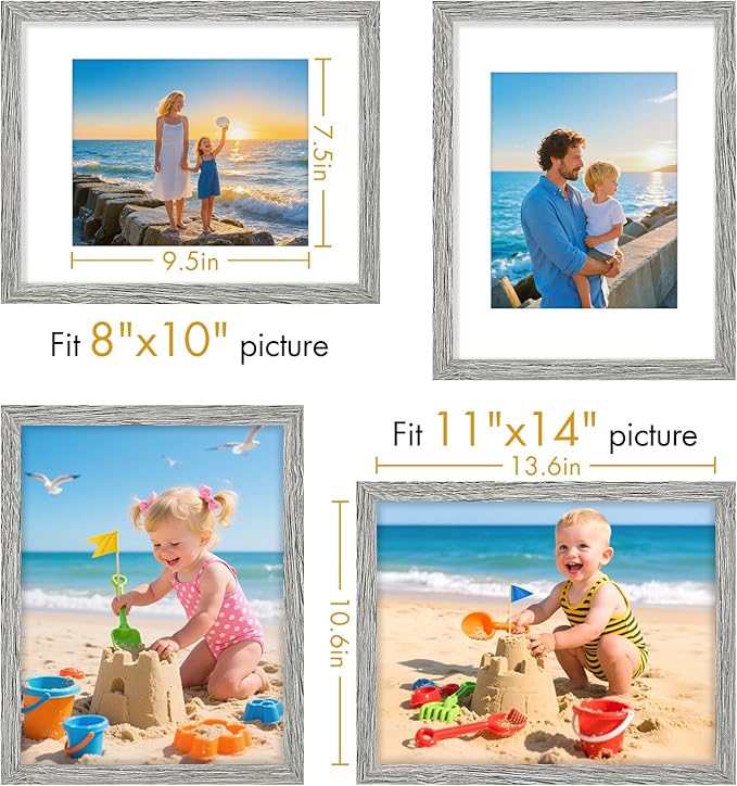 Vittanly 11x14 Picture Frame, Made of Solid Wood and Shatterproof Plexiglass, Display Pictures 8x10 with Mat or 8x10 without Mat, Wooden Photo Frame for Wall Mounting or Tabletop, Grey, 1 Pack