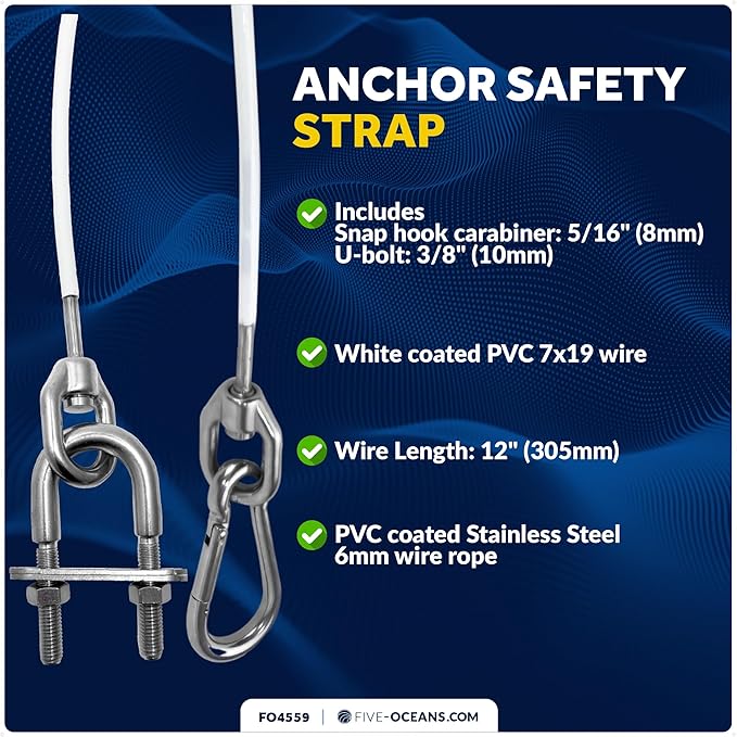 Five Oceans 12-Inch Anchor Safety Straps, Heavy Duty 7x19 PVC Coated Stainless Steel 6mm Wire Rope, Includes 5/16-Inch Carabiner Snap Hook and 3/8-Inch U-Bolt - FO4559