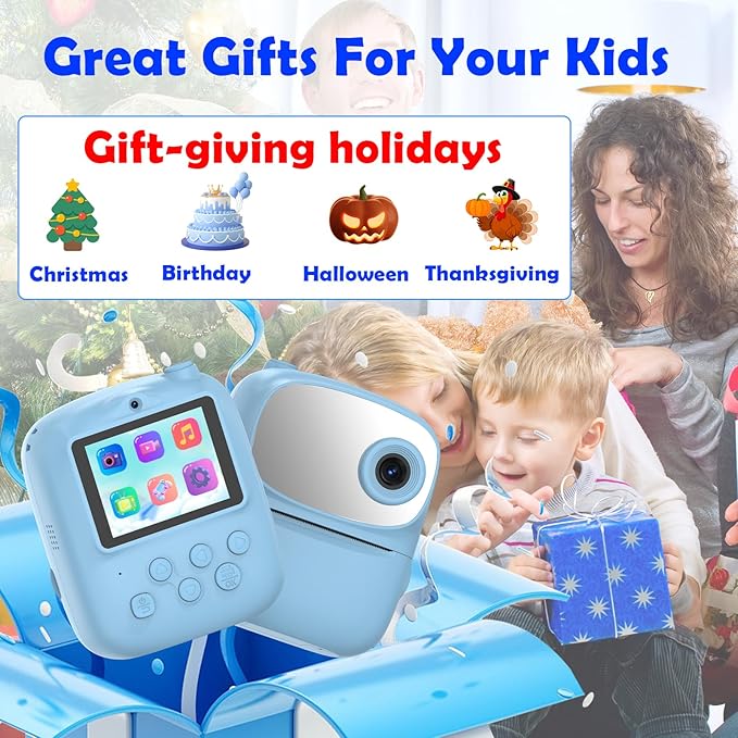 Kids Camera Instant Print for Kids, Kid Camera Instant with Mirror, HD Dual-Lens Selfie Digital Camera with 3 Rolls Print Paper & 32GB Card, Holiday Birthday Gifts Toys for Girls Boys Toddler.（Blue