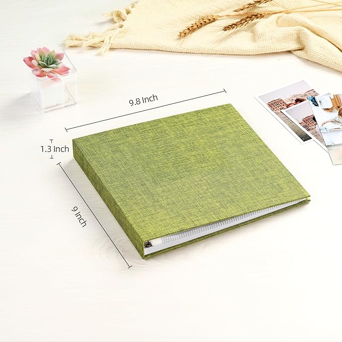 Mublalbum 8x8 Inch Small 3 Ring DIY Scrapbook Photo Album with 20 Plastic Sleeves 40 Pages Linen Cover Folder Binder for Baby Travel Wedding Anniversary and DIY Projects (Green)
