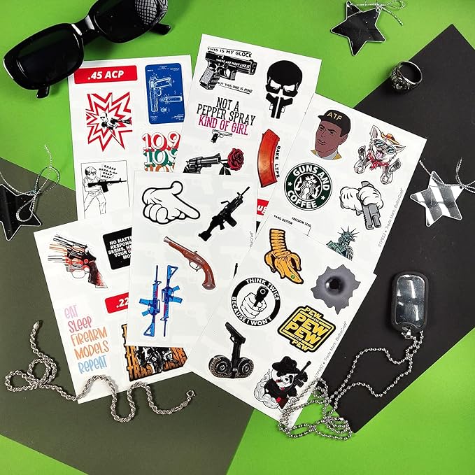 BulbaCraft 100Pcs Funny Gun Stickers, Firearm Stickers, Guns and Ammo Decals, Tactical Military Army Laptop Decals, Gifts for Women & Men