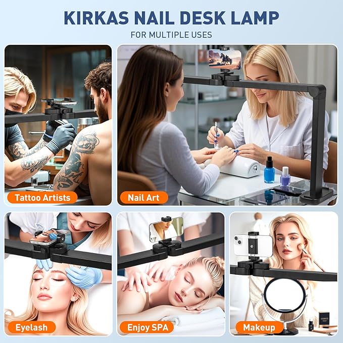 KIRKAS 34inch Large Half Moon Light for Nail Tech, 456 LEDs 3 Color Modes Infinitely Knob Arch Nail Light with Phone Holder Charging Function, Foldable Lighted Desk Lamp for Manicure, Handicraft-Black