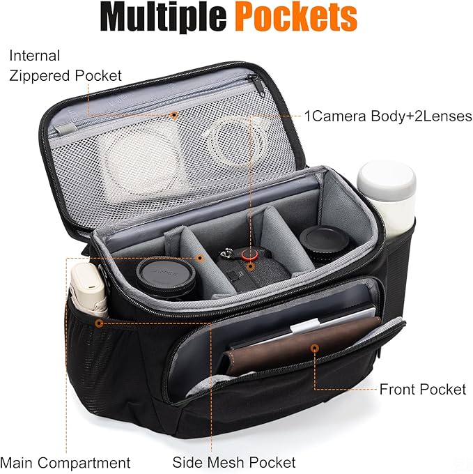 Cwatcun Camera Crossbody Shoulder Messenger Camera Case, DSLR/SLR/Mirrorless Photography Trave Sling Bag with Tripod Holder and Rain Cover for Canon, Nikon, Sony, Fuji Cameras, Lens and Accessories