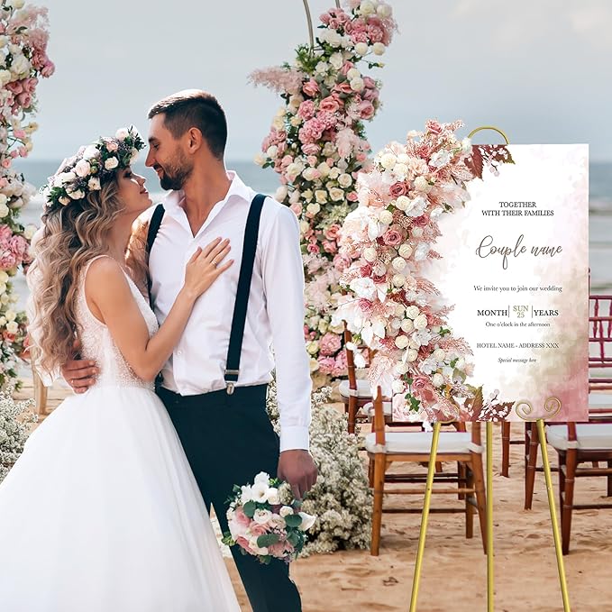 2 Pack Metal Round Tube Scroll Display Easel, Vintage Gold Decorative Large Adjustable Floor Standing Easel with Chain Support, Perfect for Showcasing Pictures, Artwork, Picture Frame Wedding Sign Etc