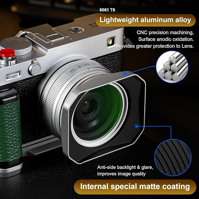 Haoge Squaret Metal Lens Hood for Fujifilm XF23mm F2.8 on XE5 Cemera Body kit & Fujinon XF27mmF2.8 R WR Lense,with Metal Cap,39mm Screw-in Hood Silver