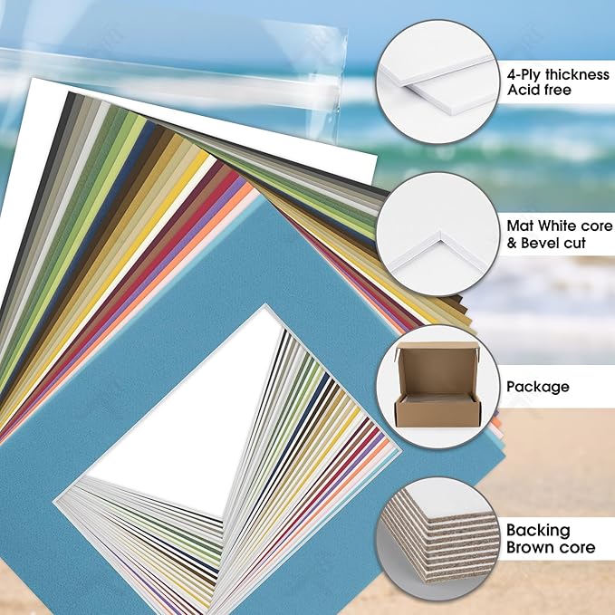 Pack of 25 sets 8x10 MIXED COLORS Picture Mats Mattes Matting for 5x7 Photo + Backing + Bags