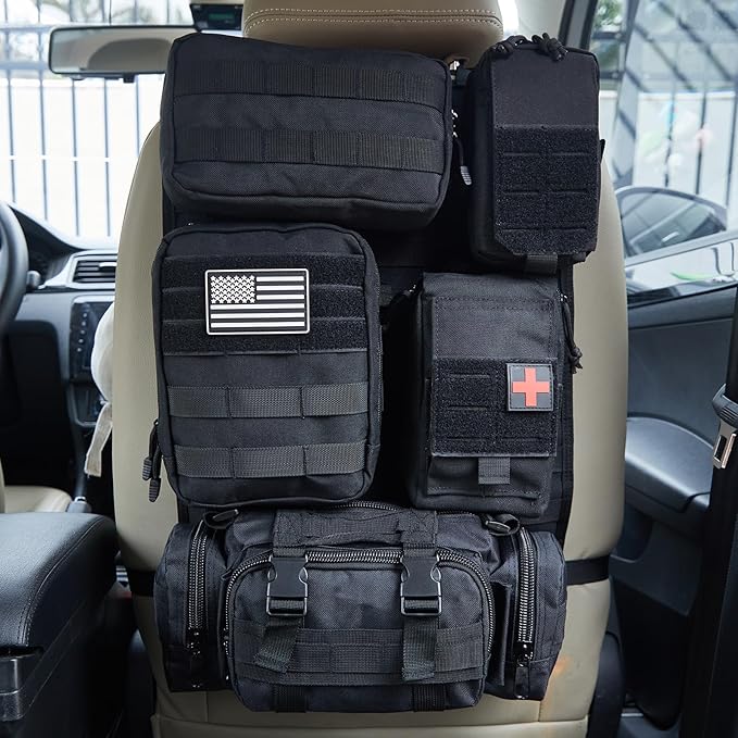 Universal Tactical Car Seat Back Organizer Bag Tactical Molle Vehicle Organizers Panel Gear Accessories with 5 Different Size Molle Pouches for Car Truck Ford Jeep Vehicle (B style-Black)