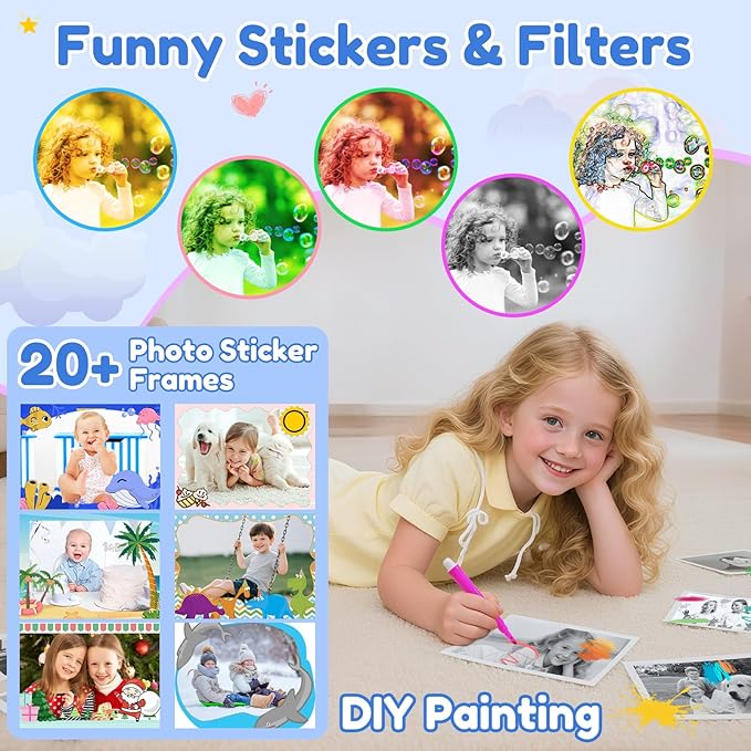 Kids Camera Instant Print, 2.4 Inch Screen Kids Instant Cameras, 1080P Video Recording, Christmas Birthday for Girls Age 3-12, with 3 Rolls Print Paper & 32GB Card, Blue