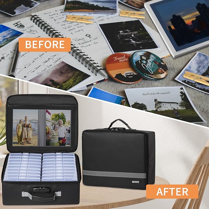 IBVIVIC Fire-resistant Photo Storage Box, Photo Organizer with 18 Inner 4" x 6" Photo Case (Clear), Photo Organizer and Storage with Lock