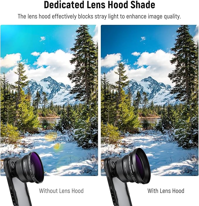 NEEWER 72mm Variable ND Filter with 77mm Lens Hood, ND2-32 Adjustable Neutral Density Filter Compatible with iPhone Android Samsung NEEWER 65mm Telephoto Phone Lens