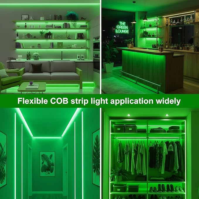 Green COB LED Strip Lights Battery Powered with Remote, 6.56FT 640LED Light Strip Dimmable Cuttable Flexible Wireless LED Tape Light for Cabinet, Boat, Car, Computer, TV, Holidays Party (2 Pack) ﻿