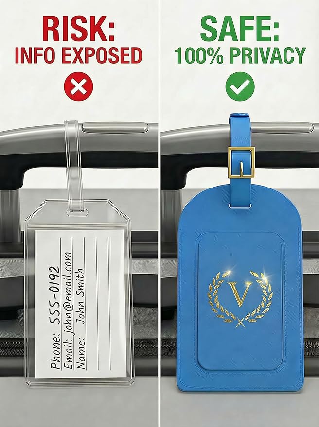 Luggage Tags for Suitcases 6 Pack PU Leather Travel Bag Tags with Privacy Cover & Stainless Steel Buckle, Vegan Leather Name ID Labels for Travel Bags, Cruise, Airline, Backpack, Baggage Identifier(V)