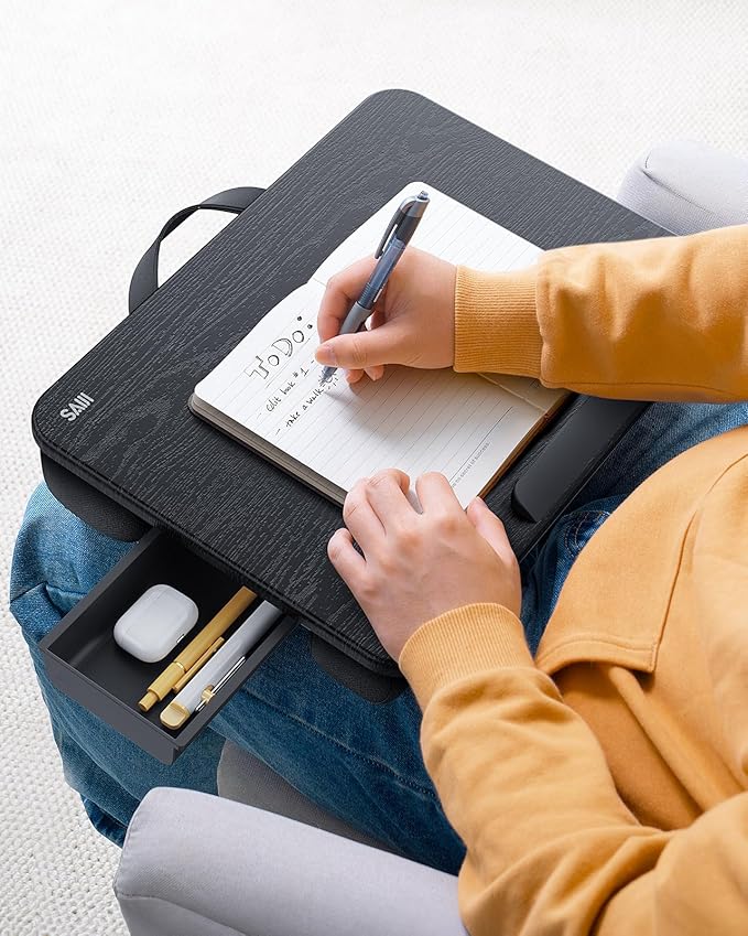 SAIJI Laptop Lap Desk, Portable Laptops Tray with Cushion, Drawer Storage, Phone Holder, 12mm Thickened Panel,Carry Handle, Computer Laptop Stand for Bed Fits Up to 15.6 Inch Laptops