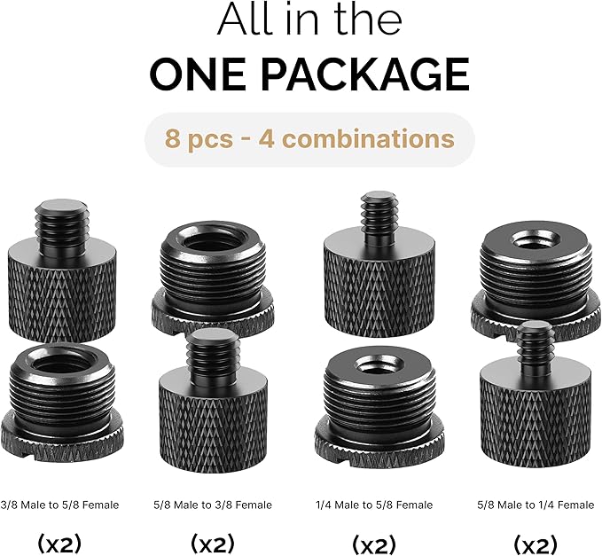 IXTECH Mic Stand Adapter Set 8 pieces Metal Microphone Stand Screw Thread Adapter 5/8 Female to 3/8 Male 3/8 Female to 5/8 Male 5/8 Female to 1/4 Male 1/4 Female to 5/8 Male Tripod Adapter ADP02 Black