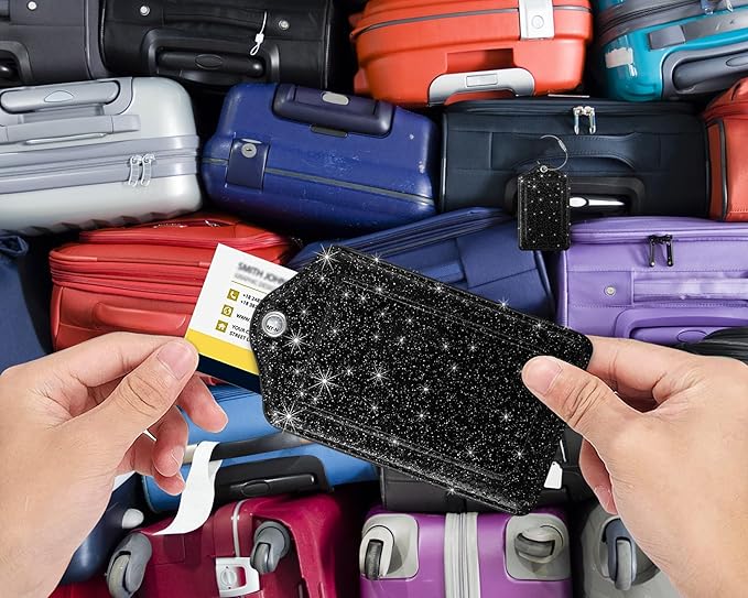 (Set of 2) Luggage Tag Leather Privacy Cover ID Label Address Card with Stainless Steel Loop, Travel Bag Tags Suitcase Labels, Black Glitter