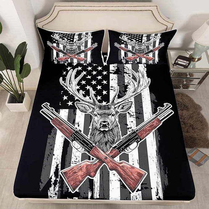 Erosebridal Deer Sheet Set American Flag Bedding Queen Size Hunting Theme Bed Sheets Western Rustic Farmhouse Decor Fitted Sheet Wild Animal Elk Print Flat Sheet USA Flag Sheets 4 Pcs