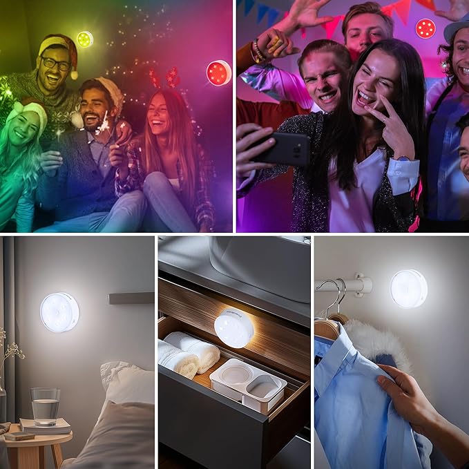 EverBrite Puck Lights With Remote, Rechargeable 2000mAh Linked Sensor Under Cabinet, Two Group Control, 10 RGB Colors, Dimmable for Kitchen, Bedroom Closet (6-Pack)
