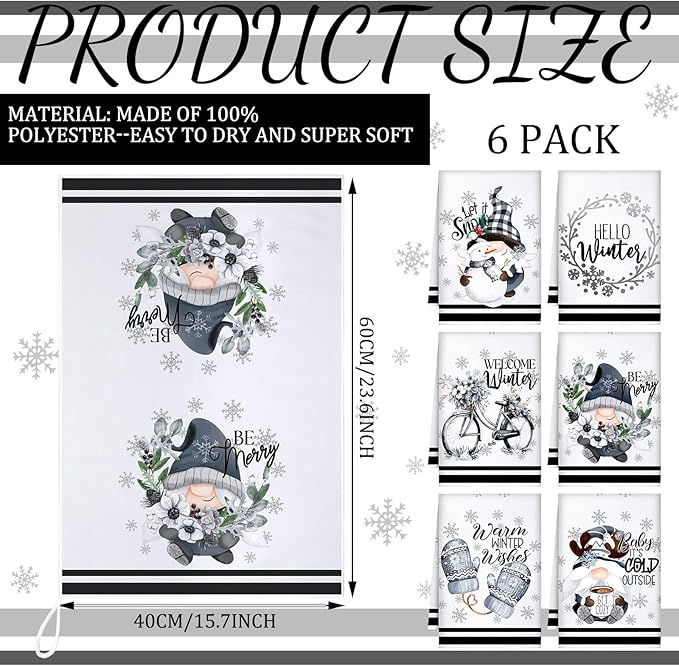 Preboun 6 Pcs Hello Winter Kitchen Towels Snowman Gnome Dish Snowflake Tea Christmas Hand Drying Towels Baking Cooking Cloth for Kitchen Bathroom Decor