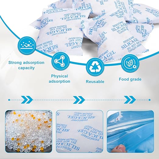 VOISEN 100 Gram 24 Pcs Color-Indicating Silica Gel Packets, Premium Food Grade Desiccant, Transparent Desiccant, Desiccant Packets for Storage, Premium Desiccant Packs for Food, Electronics, Closet