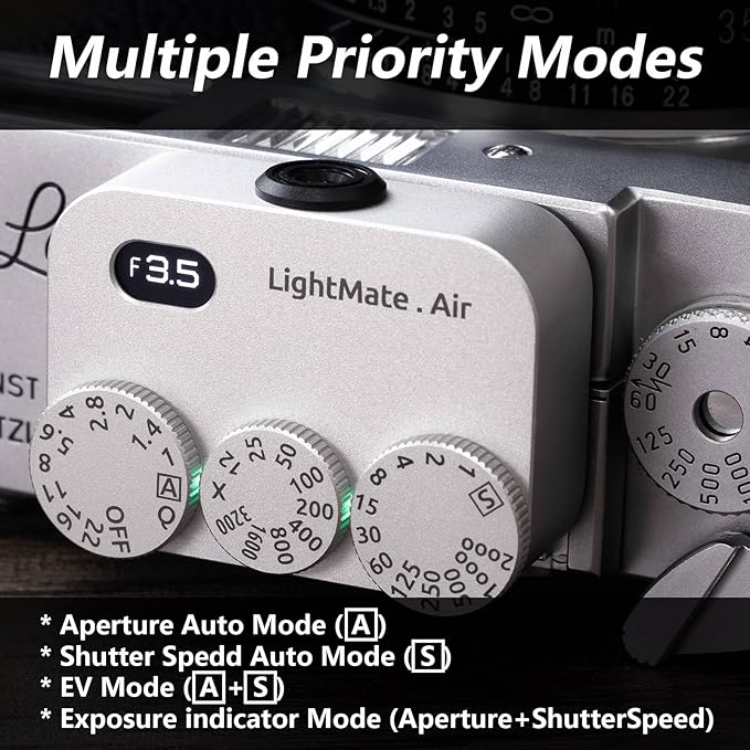 LightMate AirPro Light Meter Photography, 35°Wide-Angle Reflective Digital Exposure Meter, Rechargeable 20H Battery Life, 3 Dials Retro Exposure Indicator, for Leica & Other Film Cameras, Silver Metal
