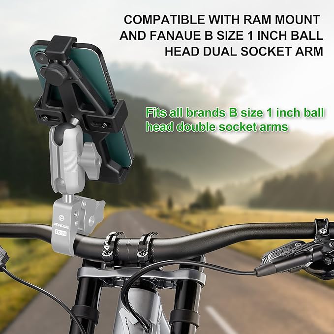 FANAUE Aluminum Motorcycle Phone Holder with 1" Ball Head Adapter Compatible with RAM Mounts B Size Double Socket Arm & Bike Phone Mount for 5.5-7" Smartphone