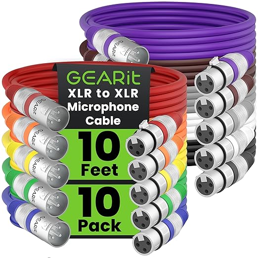 GEARit XLR Male to Female Microphone Cable (10 Feet, 10 Pack) 3-Pin Balanced Shielded Mixer, Recording Studio, Podcast - Multi Colored