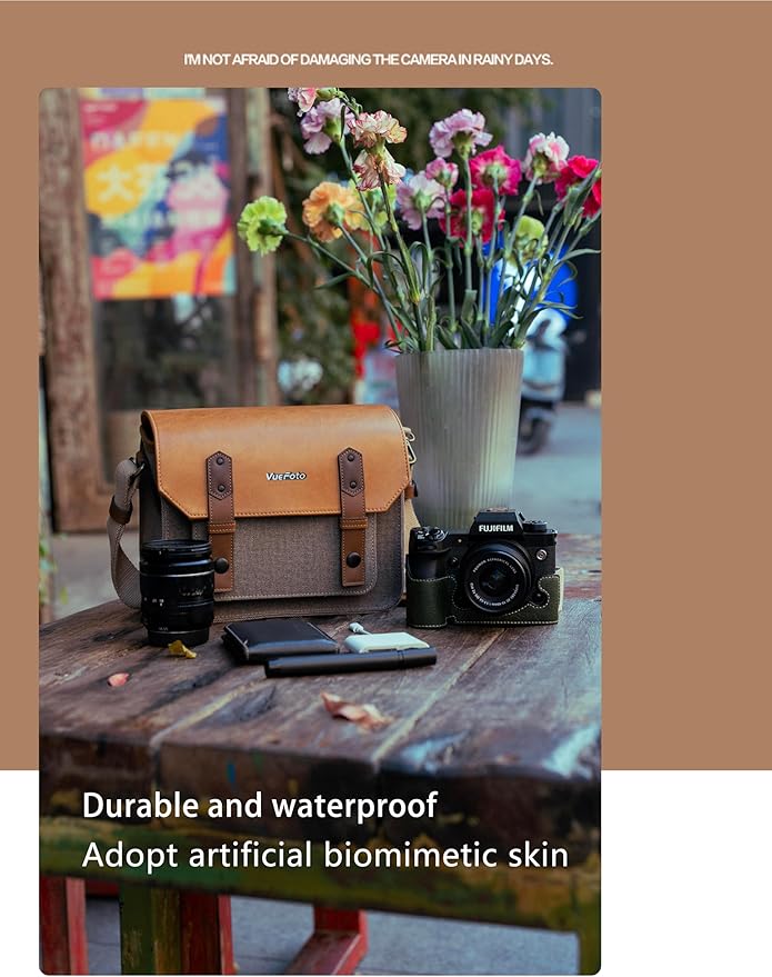 VueFoto Camera Messenger Bag,Vintage Leather Flip-top Waterproof Camera Bag,Compatible with Canon,Nikon,Sony SLR/DSLR Mirrorless Cameras For Women and Men (Khaki, Small)