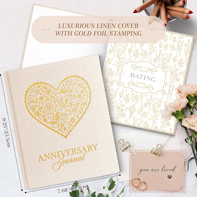 Lanpn Wedding Anniversary Journal Book, Linen Dating 1st to 70th Couple Memory Book Wedding Scrapbook, 190 Pages Love Stories Notebook Newlywed Marriage Anniversary Bridal Shower Gift, Beige