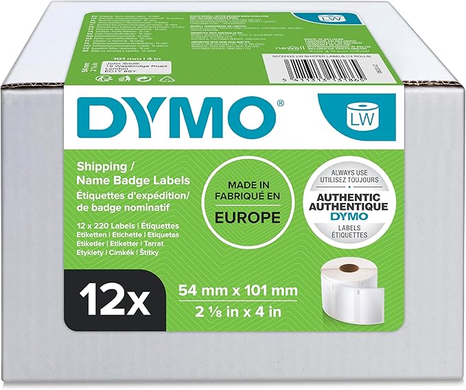 Dymo 54 mm x 101 mm LW Large Shipping Labels/Name Badges, 12 Rolls of 220 (2,640 Easy-Peel Labels), Self-Adhesive, for LabelWriter Label Makers, Authentic - Black, White