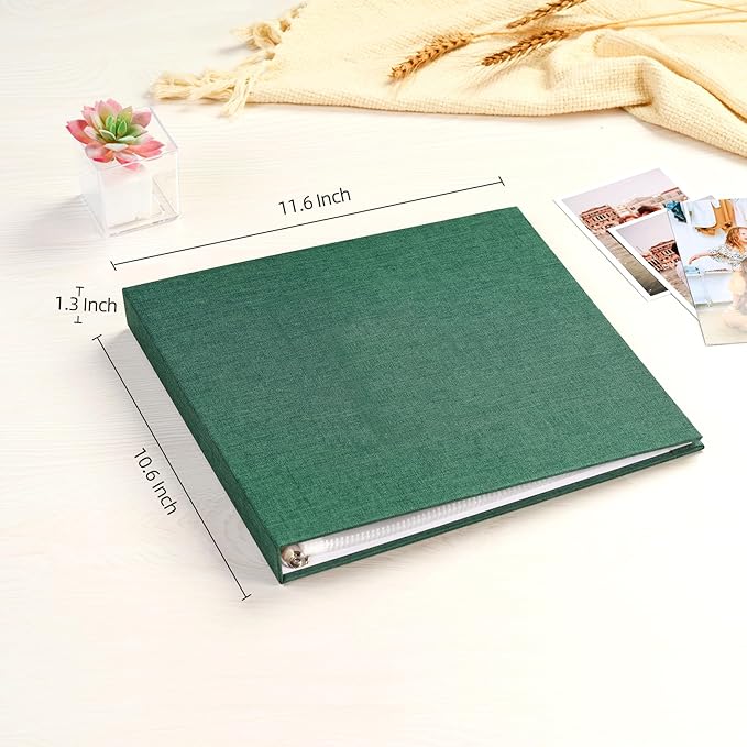 Mublalbum 10x10 Inch Large 3 Ring DIY Scrapbook Photo Album with 20 Plastic Sleeves 40 Pages Linen Cover Folder Binder for Baby Travel Wedding Anniversary and DIY Projects (Dark Green)