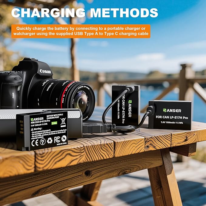 LP-E17 Battery 3-Pack and Type-C Direct Charging,1500mAh with 2-in-1 Cable Fast Charging for Canon EOS R50/R10/R8/RP/Rebel T7i/T8i/SL3 R50/R10/750D,M3, M5, M6,760D,800D,8000D Digital SLR