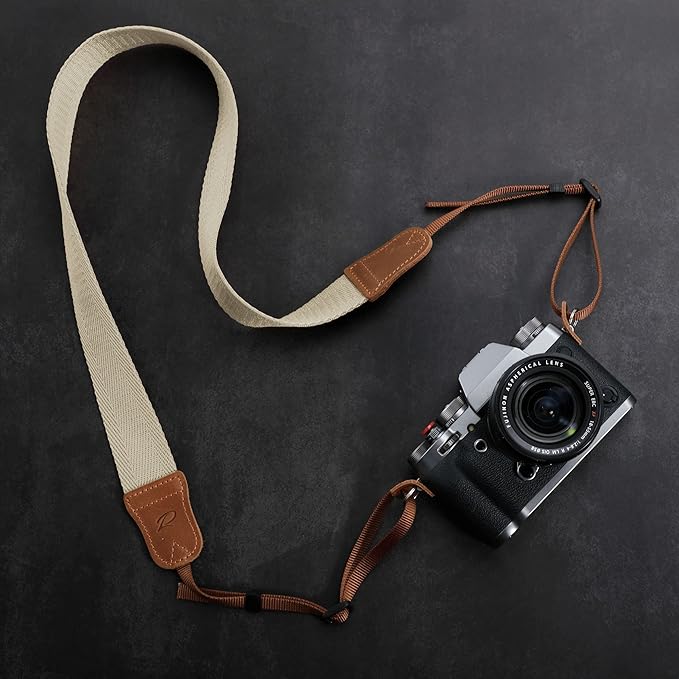 Padwa Lifestyle Camera Strap - Double Layer Crazy Horse Cowhide Ends,1.5"Wide Pure Cotton Woven Camera Strap,Adjustable Neck Shoulder Strap for All DSLR Cameras,Great Gift for Photographers-Off White