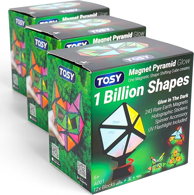 TOSY Magnet Pyramid Glow - 1 Cube Transforms into 1 Billion Shapes (Bunny, Egg Basket, Flowers, Heart), Easter Valentine Gift, 12 pcs, 243 Magnets, Glowing, Holographic Design, Puzzle/STEM Toy, 3-pack