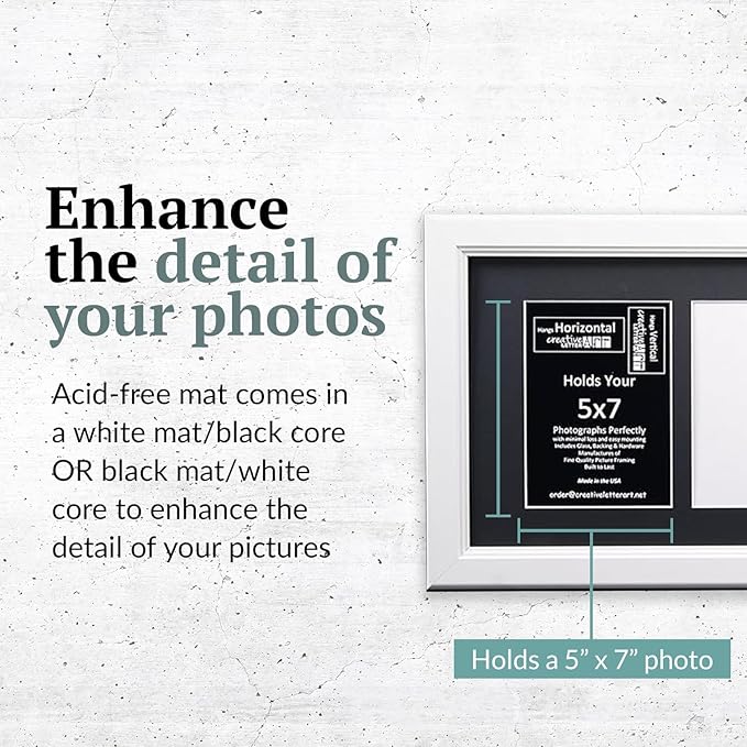 Creative Letter Art 3 Opening Glass Face White Picture Frame to hold 5 by 7 inch Photographs including 10x20-inch White Mat Collage